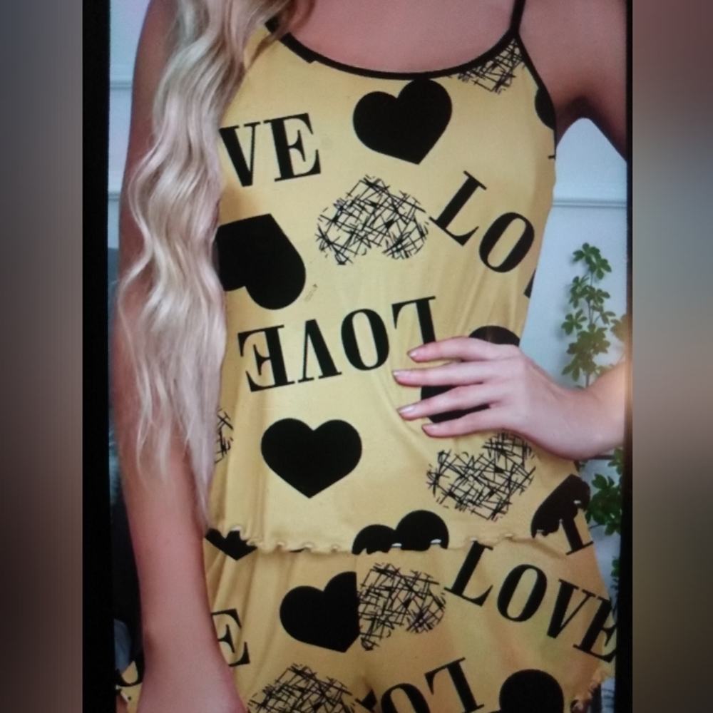 D) Ladies Non-Branded Size L Black and Yellow Pajama Set. Looks to be comfy.